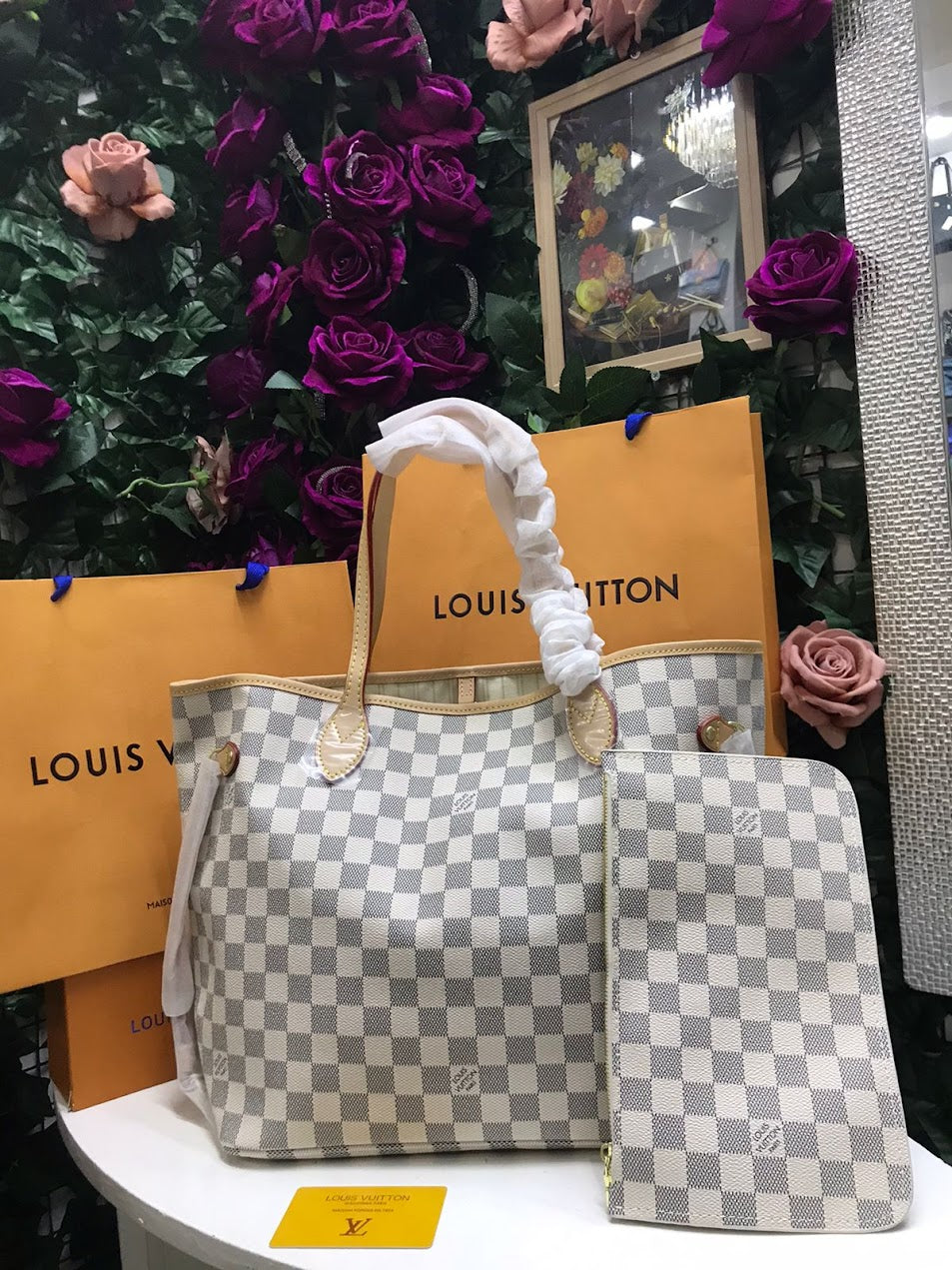 Louis Vuitton Blanco Gris Marmoleado Piel