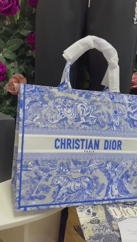 Christian Dior Azul Bordado Tigres Tela