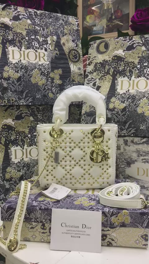 Christian Dior Blanca Encajes de Estrella Dorados Cuero Edición Especial Pequeña