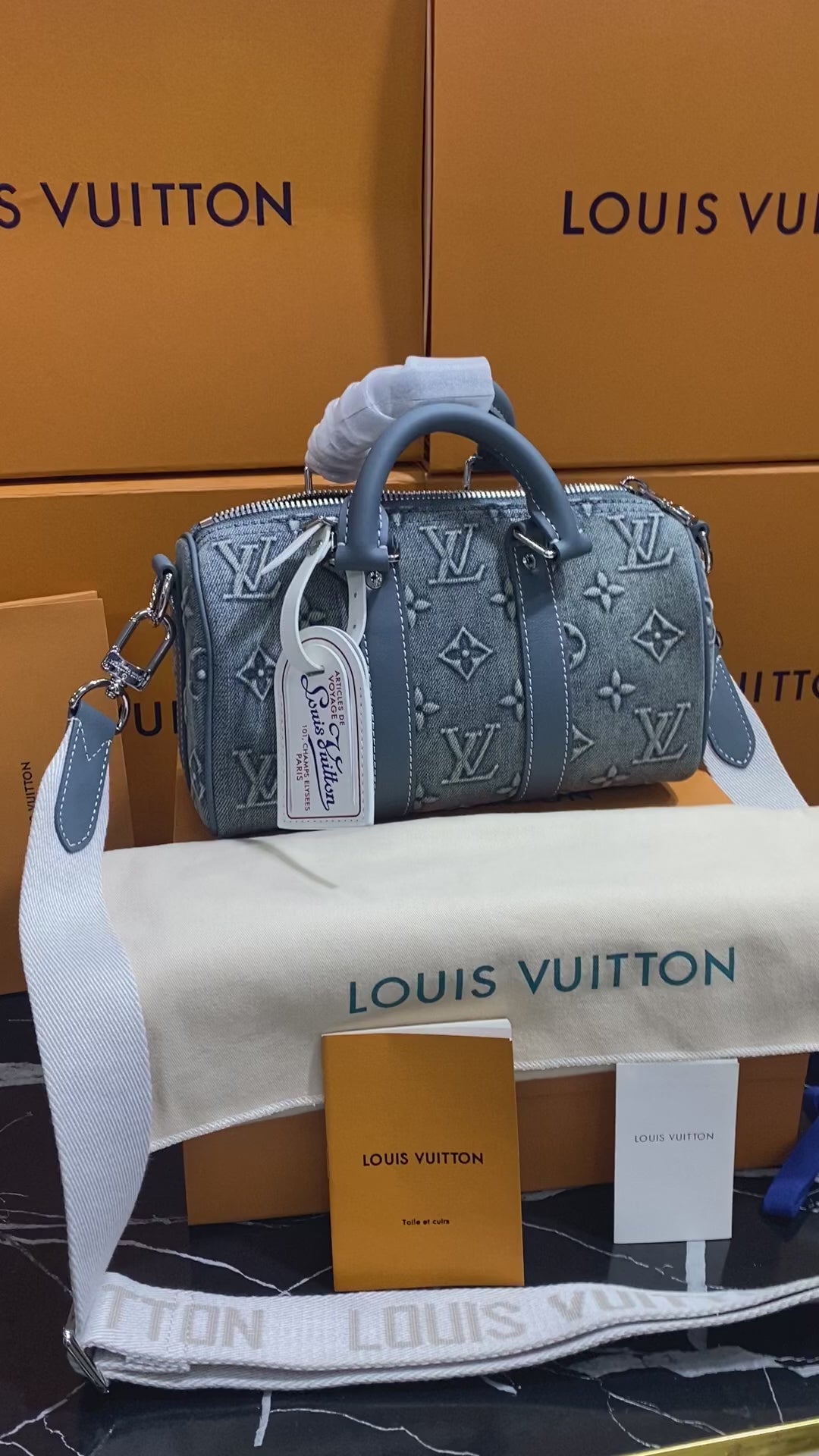 Louis Vuitton Azul Bordada con Piel